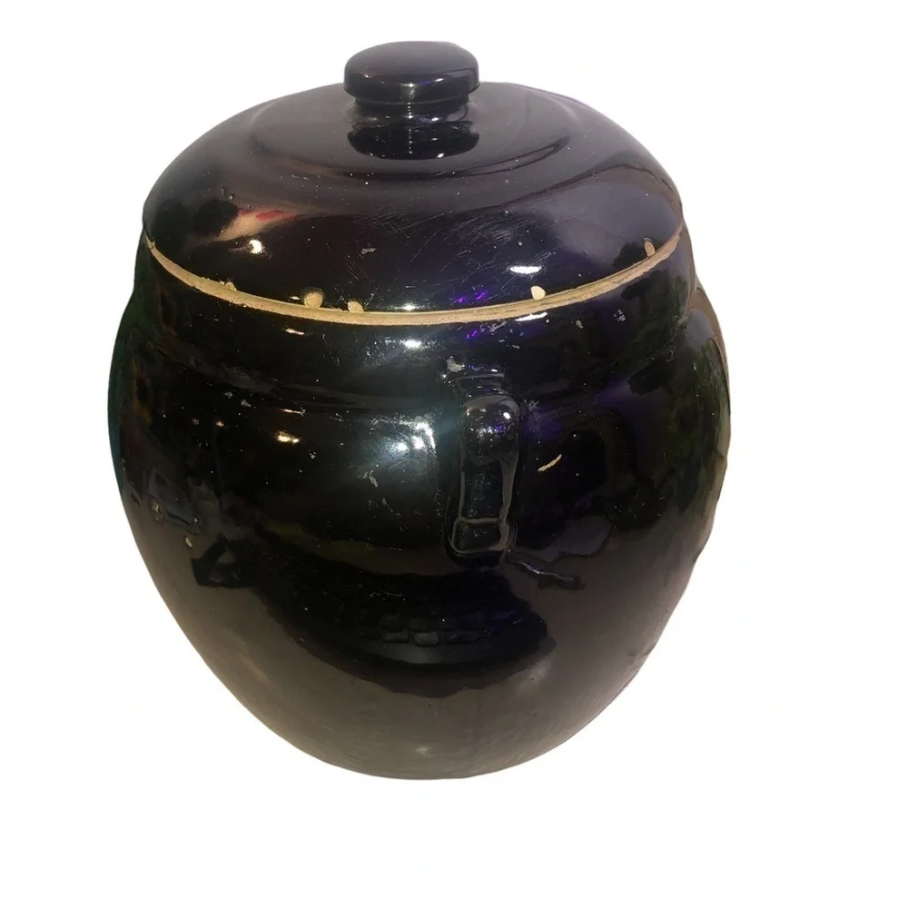 Vintage Crock Cookie Jar, Bean Pot & Lid, Cold Paint Floral
